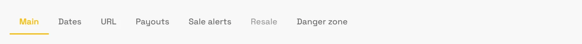 The tab bar on event settings, with Resale greyed out.