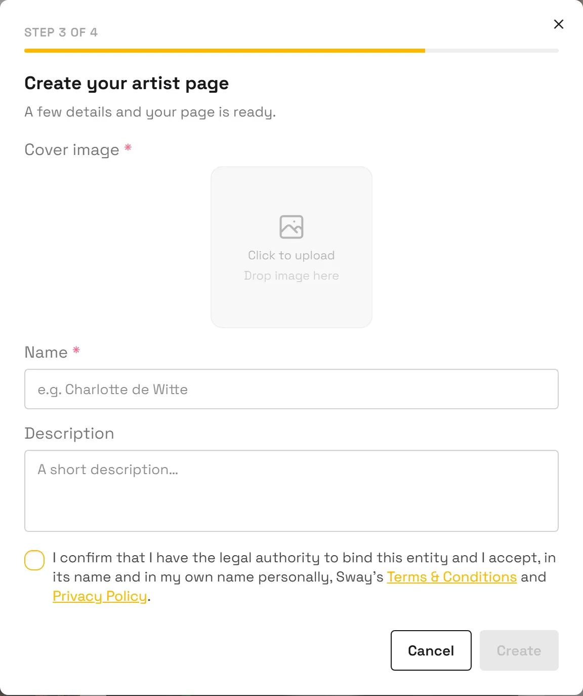 The create form open inside the guided setup, with the step counter above it.