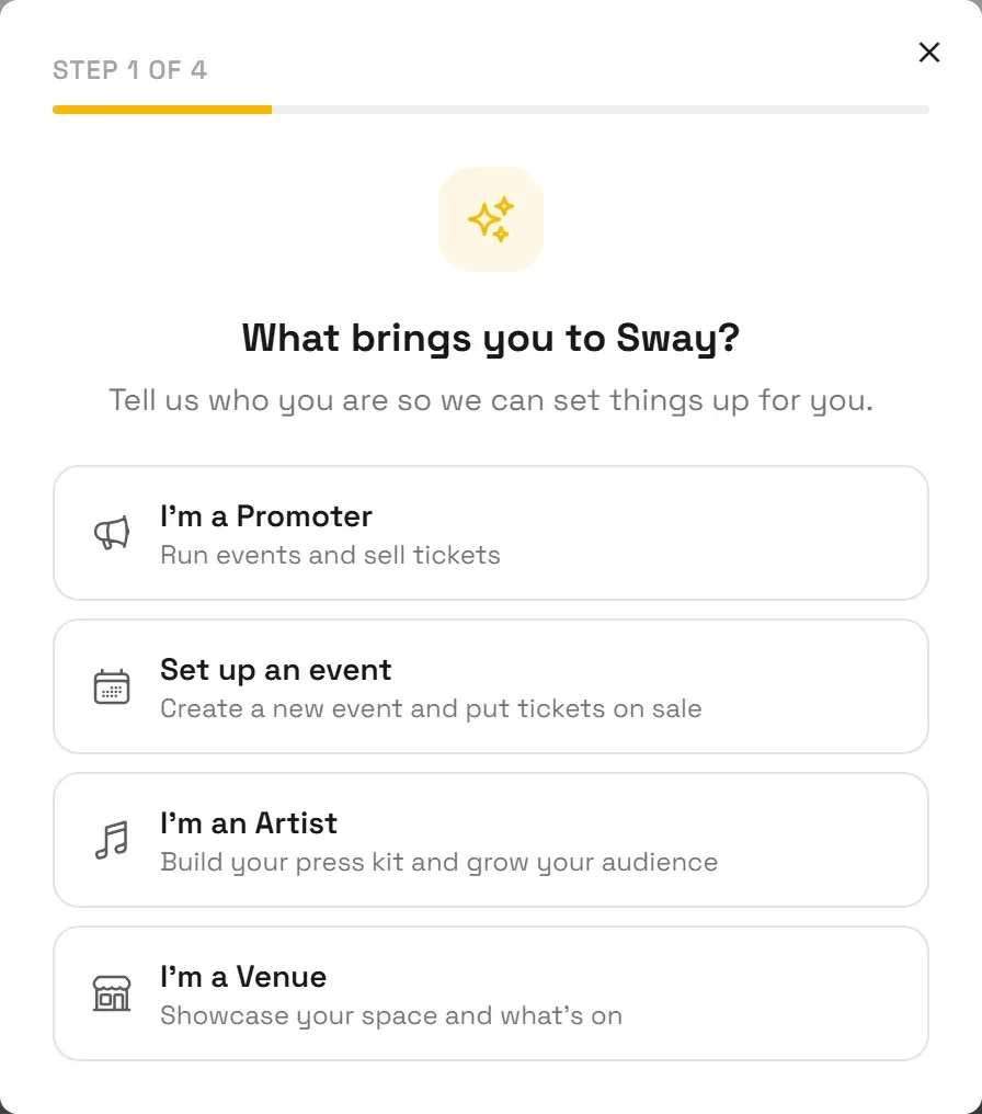 The first card of the guided setup, asking what brings you to Sway, with four options.