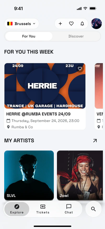 The Sway app on an iPhone: the events picked for you this week in Brussels, and the artists you follow.